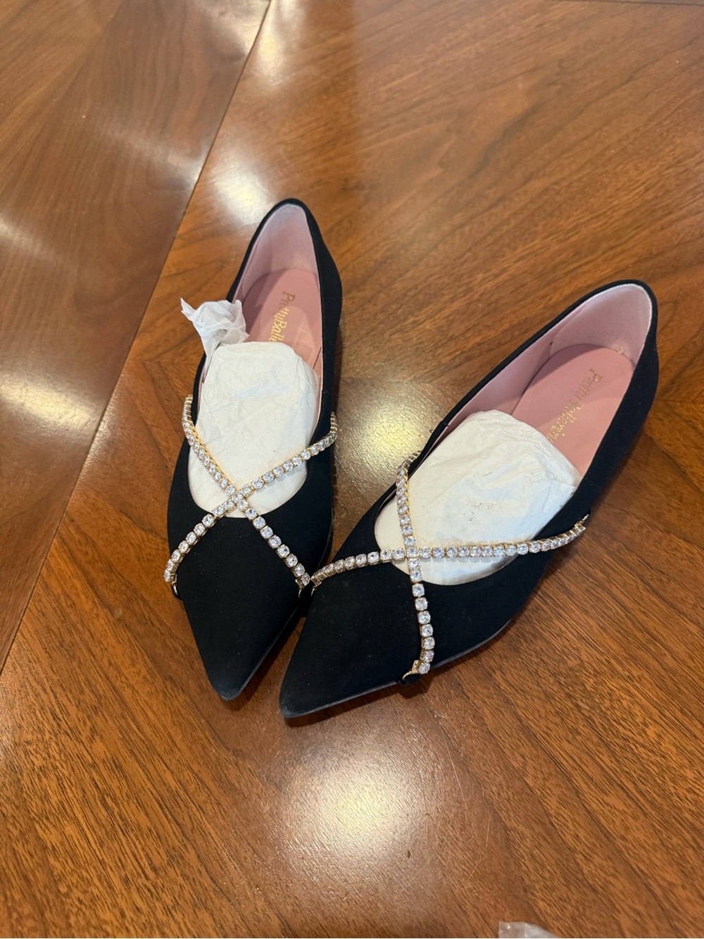 Pretty Ballerinas Black Pointed Flats with Crystal Cross Straps